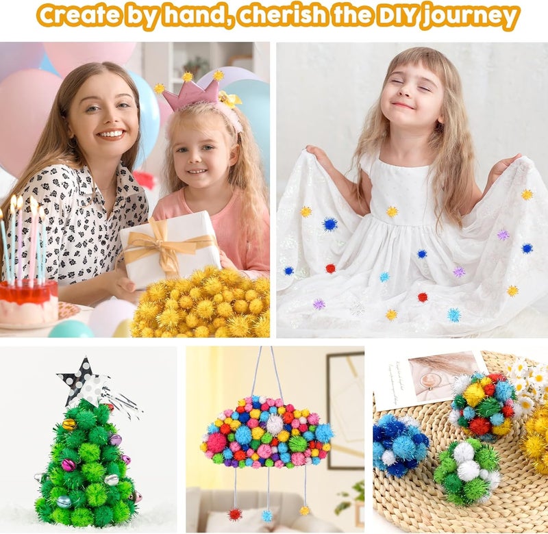 NACHLYNN 1000 Glitter Pom Poms Bulk 4 Sizes Assorted Soft Fluffy Pom Poms for Crafts DlY Decorations Activities with A Storage Bag (White) - Image 5